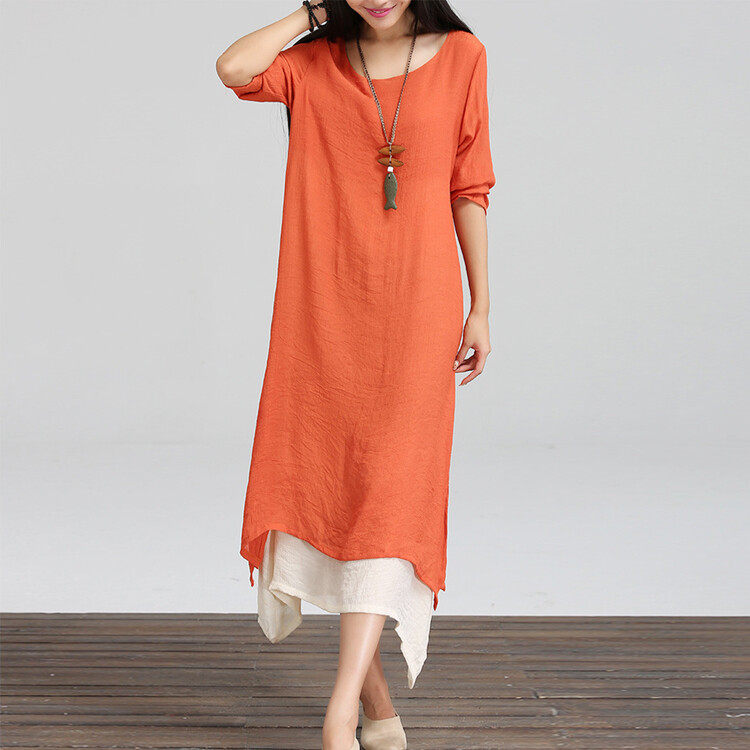 大きいサイズの婦人服綿麻長袖ゆったりとした痩せたワンピース文芸丸襟春ロングスカート 大きいサイズの婦人服綿麻長袖ゆったりとした痩せたワンピース文芸丸襟春ロングスカート