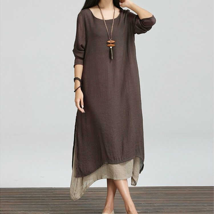 大きいサイズの婦人服綿麻長袖ゆったりとした痩せたワンピース文芸丸襟春ロングスカート 大きいサイズの婦人服綿麻長袖ゆったりとした痩せたワンピース文芸丸襟春ロングスカート