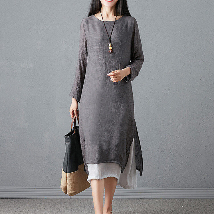 大きいサイズの婦人服綿麻長袖ゆったりとした痩せたワンピース文芸丸襟春ロングスカート 大きいサイズの婦人服綿麻長袖ゆったりとした痩せたワンピース文芸丸襟春ロングスカート