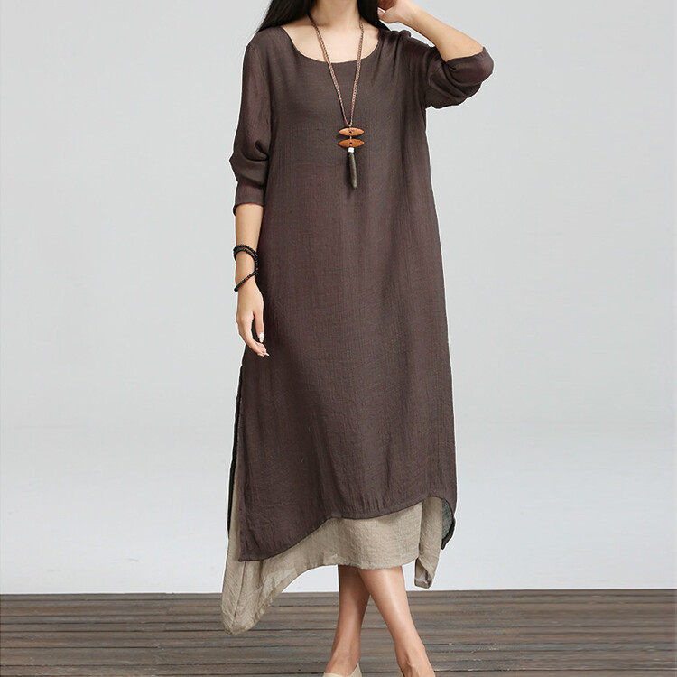 大きいサイズの婦人服綿麻長袖ゆったりとした痩せたワンピース文芸丸襟春ロングスカート 大きいサイズの婦人服綿麻長袖ゆったりとした痩せたワンピース文芸丸襟春ロングスカート