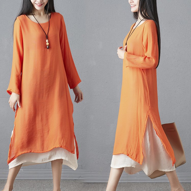 大きいサイズの婦人服綿麻長袖ゆったりとした痩せたワンピース文芸丸襟春ロングスカート 大きいサイズの婦人服綿麻長袖ゆったりとした痩せたワンピース文芸丸襟春ロングスカート