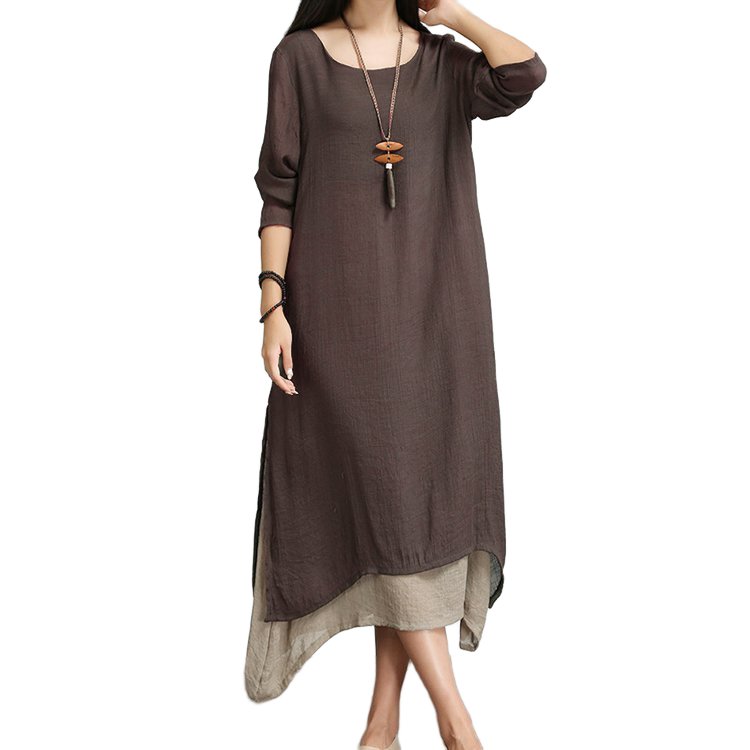 大きいサイズの婦人服綿麻長袖ゆったりとした痩せたワンピース文芸丸襟春ロングスカート 大きいサイズの婦人服綿麻長袖ゆったりとした痩せたワンピース文芸丸襟春ロングスカート