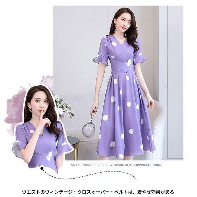 スタイリッシュでエレガントな韓国風ポルカドットスリムドレス