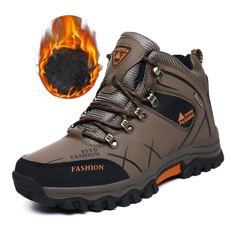 メンズハイキングシューズミッドカットの防水シューズベルベット暖かい綿の靴ハイキング秋と冬の旅行靴革で覆われた防水ハイキング靴