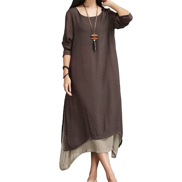 大きいサイズの婦人服綿麻長袖ゆったりとした痩せたワンピース文芸丸襟春ロングスカート